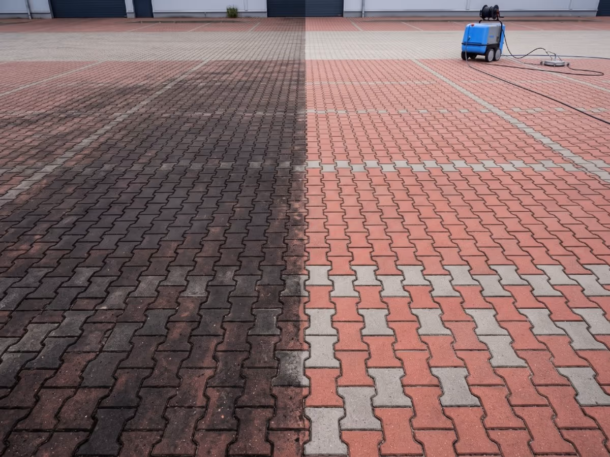 Kostka brukowa przed i po usunięciu ciemnego nalotu atmosferycznego