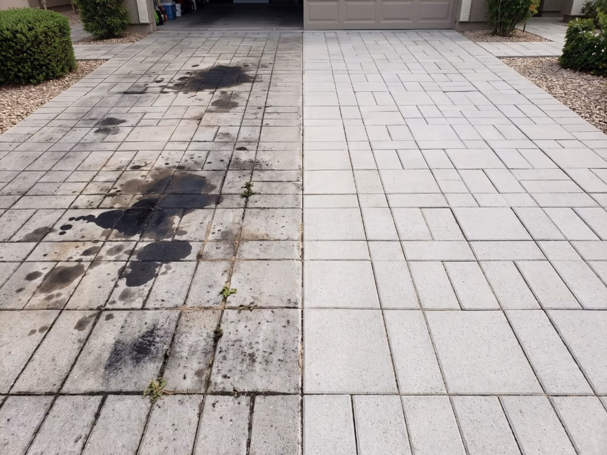 Kostka brukowa przed i po usunięciu plam olejowych i smarów