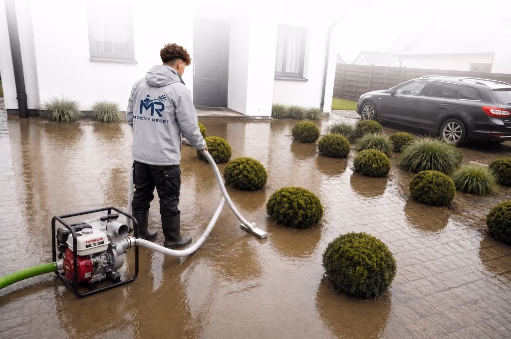 Mycie po zalaniu — wypompowywanie wody z podjazdu pompą